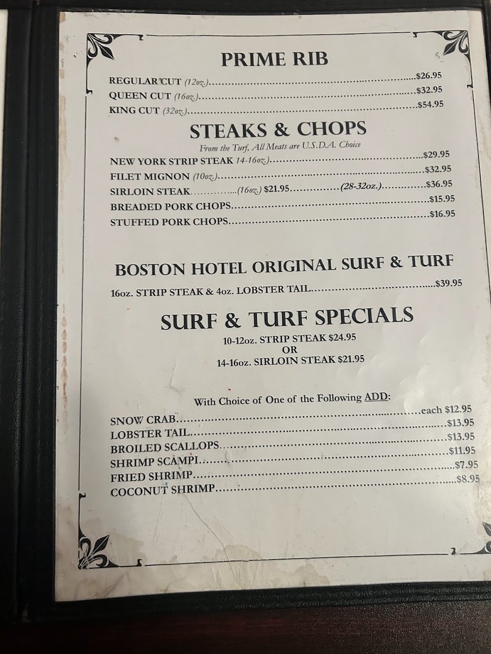 Menu page showing clams and oysters.