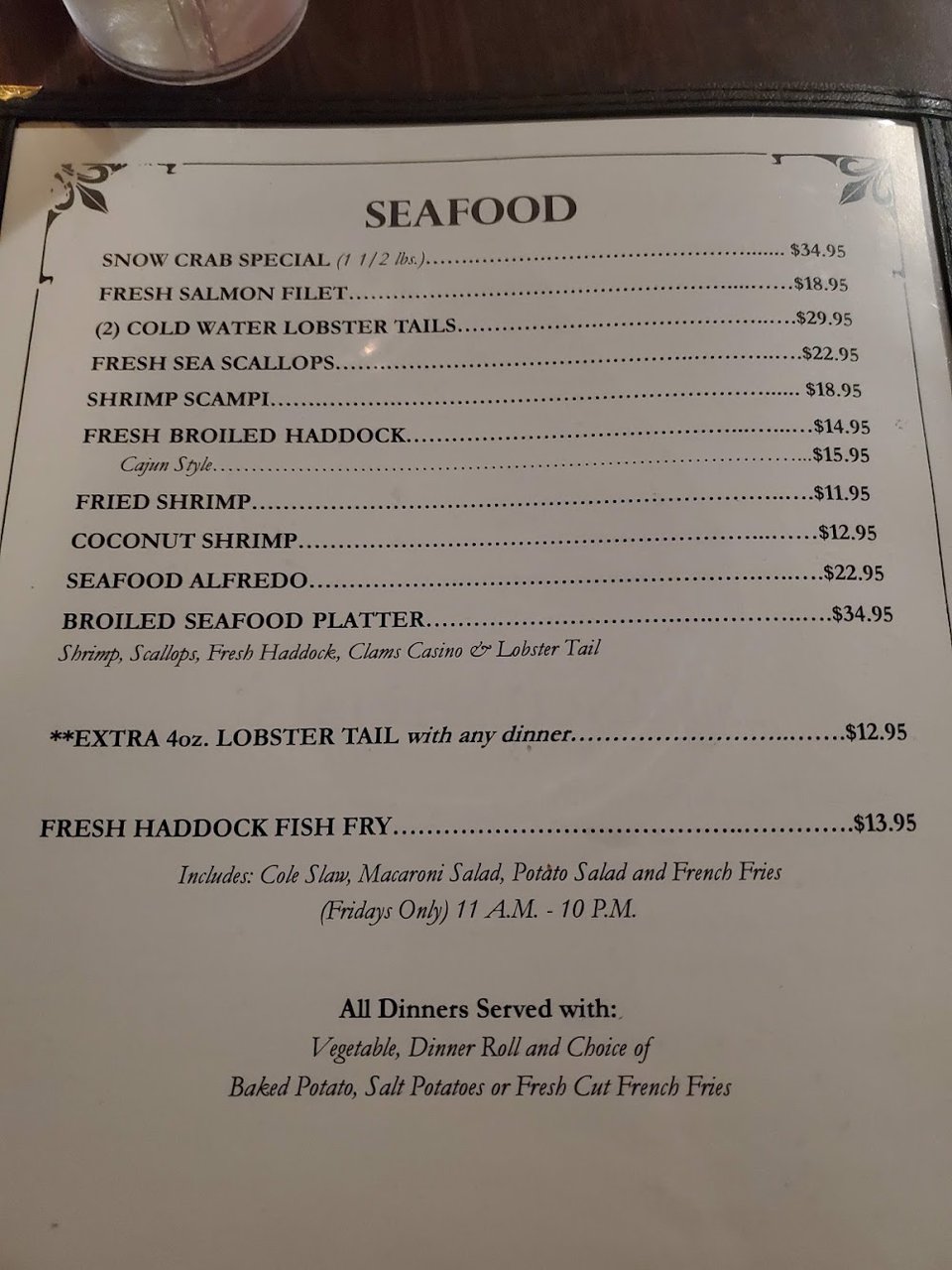Seafood menu highlighting soups and shellfish.